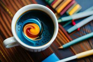 un' caffè tazza con colorato turbinii nel esso. ai-generato foto