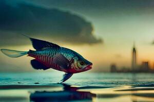 un' pesce è in piedi su il acqua con un' città nel il sfondo. ai-generato foto