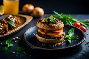 un' hamburger con verdure e frutta su un' piatto. ai-generato foto