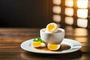 bollito uova nel un' tazza su un' di legno tavolo. ai-generato foto