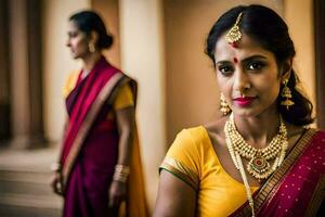 un' bellissimo indiano donna nel un' sari. ai-generato foto
