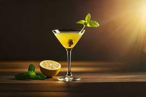 un' cocktail con Limone e menta su un' di legno tavolo. ai-generato foto