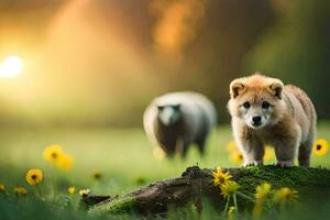 un' cucciolo è in piedi su un' log nel un' campo con un' pecora dietro a esso. ai-generato foto