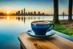 un' tazza di caffè su un' di legno tavolo nel davanti di un' paesaggio urbano. ai-generato foto