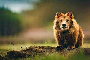 un' Leone seduta su superiore di un' sporco tumulo. ai-generato foto