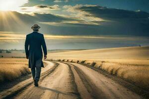 un' uomo nel un' cappello e completo da uomo passeggiate giù un' sporco strada. ai-generato foto