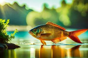 un' pesce è in piedi su il acqua con il sole splendente. ai-generato foto