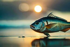 un' pesce è in piedi su il spiaggia a tramonto. ai-generato foto