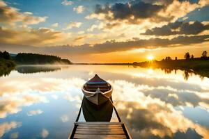 un' barca è attraccato su un' lago a tramonto. ai-generato foto