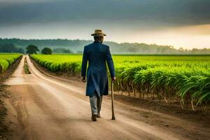 un' uomo nel un' completo da uomo passeggiate giù un' sporco strada nel davanti di un' campo di zucchero canna. ai-generato foto