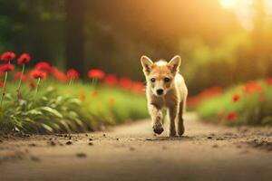un' cucciolo in esecuzione giù un' sentiero nel il sole. ai-generato foto