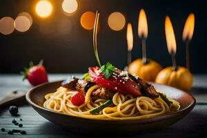 spaghetti con carne e verdure su un' di legno tavolo. ai-generato foto