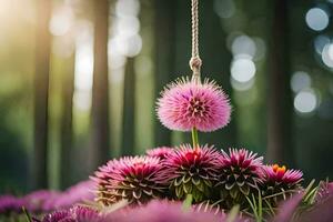 un' rosa fiore con un' corda sospeso a partire dal esso. ai-generato foto