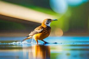 un' uccello in piedi su il acqua con suo Ali differenza. ai-generato foto