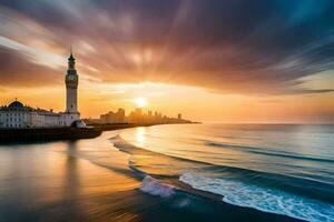 il sole sorge al di sopra di il oceano e un' Torre nel il distanza. ai-generato foto