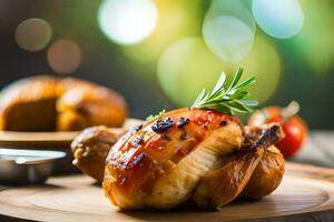 arrostito pollo con rosmarino e pomodori su un' di legno tavola. ai-generato foto