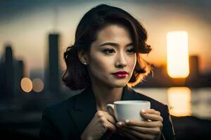 un' donna nel un' attività commerciale completo da uomo Tenere un' caffè tazza. ai-generato foto