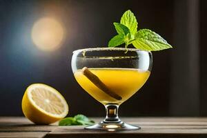 un' cocktail con Limone e menta su un' di legno tavolo. ai-generato foto