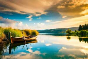 il barca su il lago, tramonto, cielo, natura, paesaggio, HD sfondo. ai-generato foto