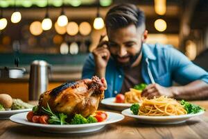 un' uomo mangiare un' pasto a un' ristorante. ai-generato foto