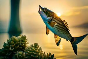 un' pesce è salto su di il acqua a tramonto. ai-generato foto