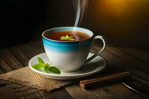 un' tazza di tè con un' foglia su il piattino. ai-generato foto