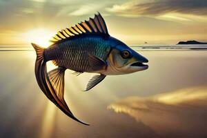 un' pesce è volante nel il aria a tramonto. ai-generato foto