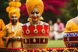 un' sposa nel un' turbante e oro vestito è sorridente. ai-generato foto