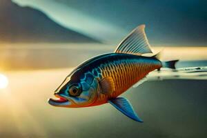 un' pesce nuoto nel il acqua con il sole nel il sfondo. ai-generato foto