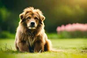 un' cane seduta nel il erba. ai-generato foto