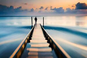 un' uomo passeggiate lungo un' molo in il oceano a tramonto. ai-generato foto