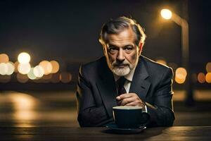 un più vecchio uomo nel un' completo da uomo e cravatta seduta a un' tavolo con un' tazza di caffè. ai-generato foto