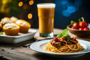 spaghetti con carne e verdure su un' piatto. ai-generato foto