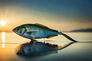 un' pesce è in piedi su il acqua a tramonto. ai-generato foto