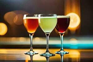 tre bicchieri di diverso colorato bevande su un' sbarra. ai-generato foto