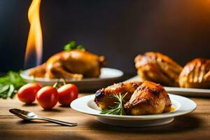 arrostito pollo su un' piatto con pomodori e erbe aromatiche. ai-generato foto