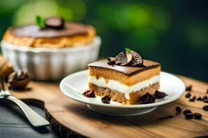 un' fetta di cioccolato torta su un' piatto con caffè fagioli. ai-generato foto