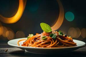 un' piatto di pasta con verdure e salsa. ai-generato foto