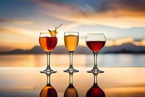 tre bicchieri di vino con un' tramonto nel il sfondo. ai-generato foto