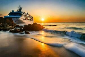 un' crociera nave nel il oceano a tramonto. ai-generato foto