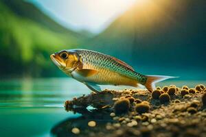 un' pesce è in piedi su il riva di un' lago. ai-generato foto