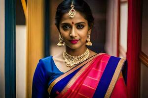 un' bellissimo indiano donna nel un' rosa e blu sari. ai-generato foto