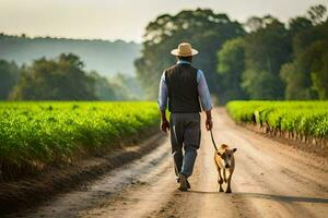 un' uomo a piedi il suo cane giù un' sporco strada. ai-generato foto