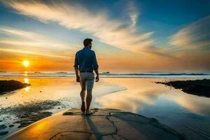 un' uomo in piedi su il spiaggia a tramonto. ai-generato foto