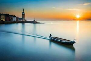 un' barca è andare in barca nel il acqua a tramonto. ai-generato foto