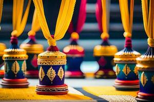 colorato tailandese lanterne sospeso a partire dal un' corda. ai-generato foto