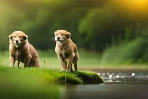 Due cani in piedi su il erba vicino un' fiume. ai-generato foto