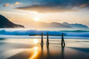 un' di legno recinto su il spiaggia a tramonto. ai-generato foto