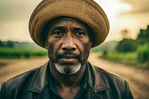 un' uomo indossare un' cappello sta nel un' campo. ai-generato foto