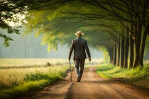 un' uomo nel un' completo da uomo e cappello a piedi giù un' sporco strada. ai-generato foto